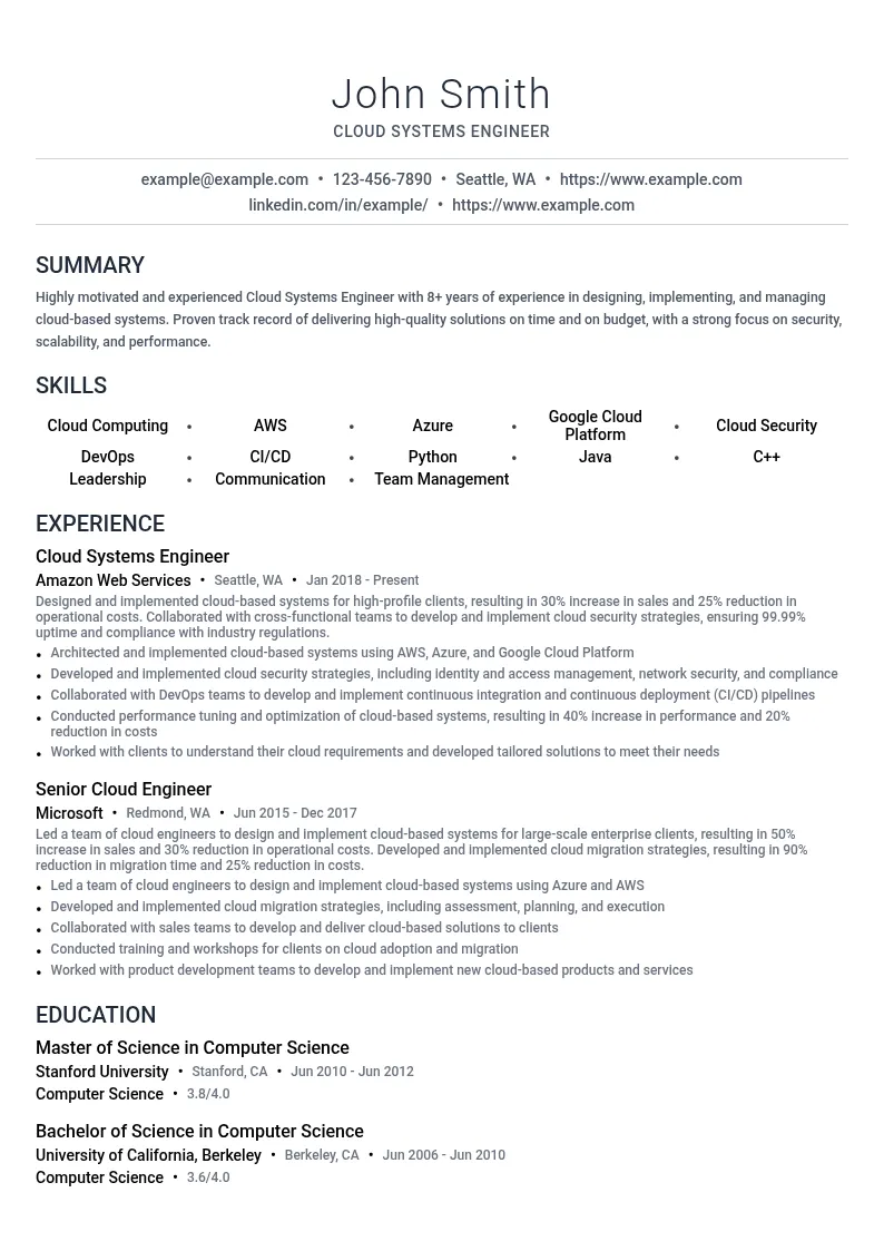 Cloud Systems Engineer resume example