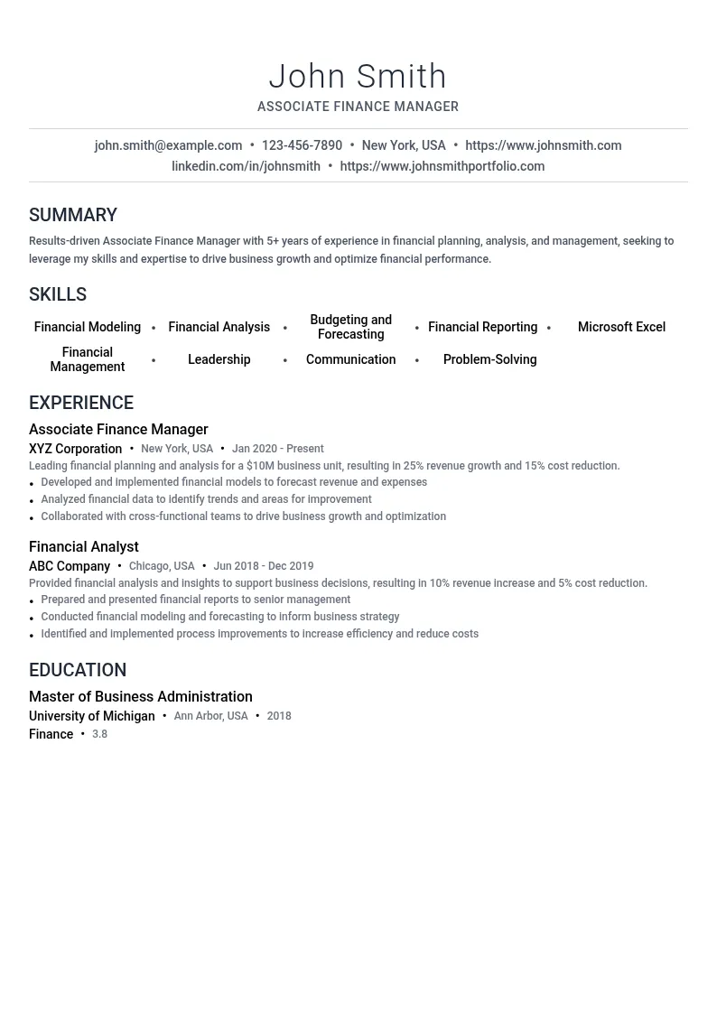 Associate Finance Manager resume example