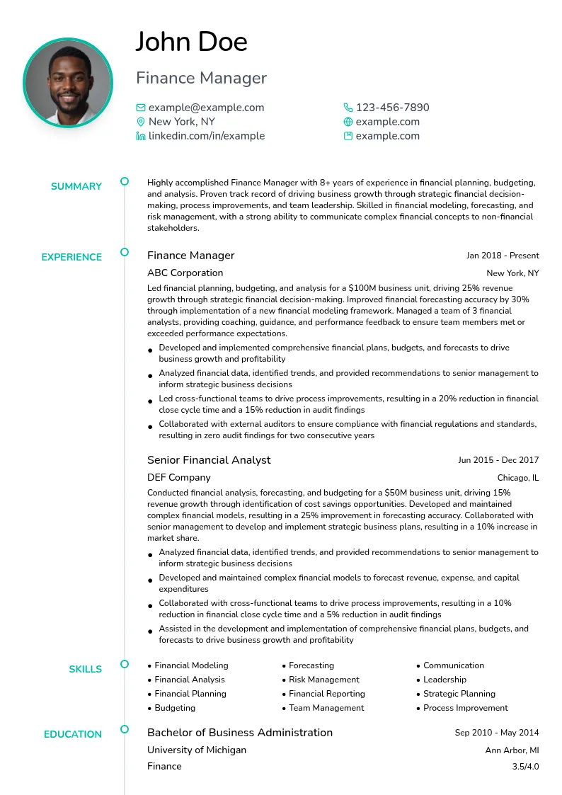Finance Manager resume example