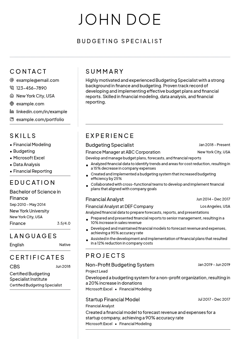 Budgeting Specialist resume example