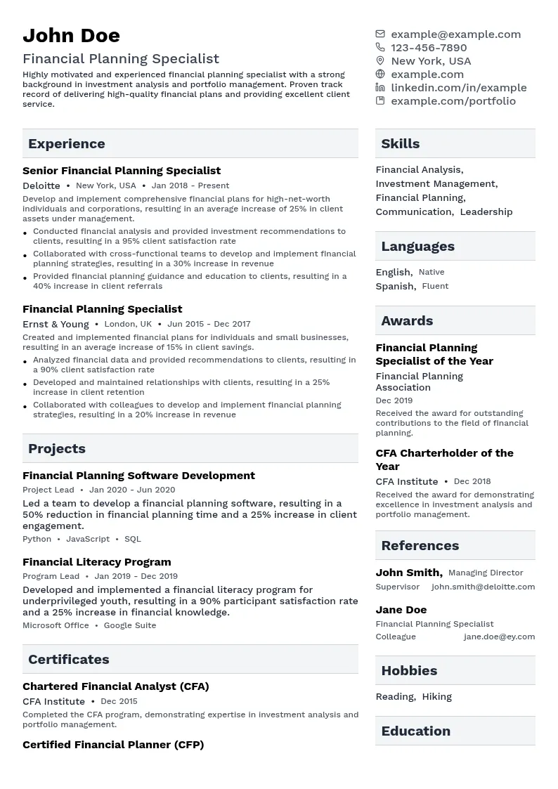 Financial Planning Specialist resume example