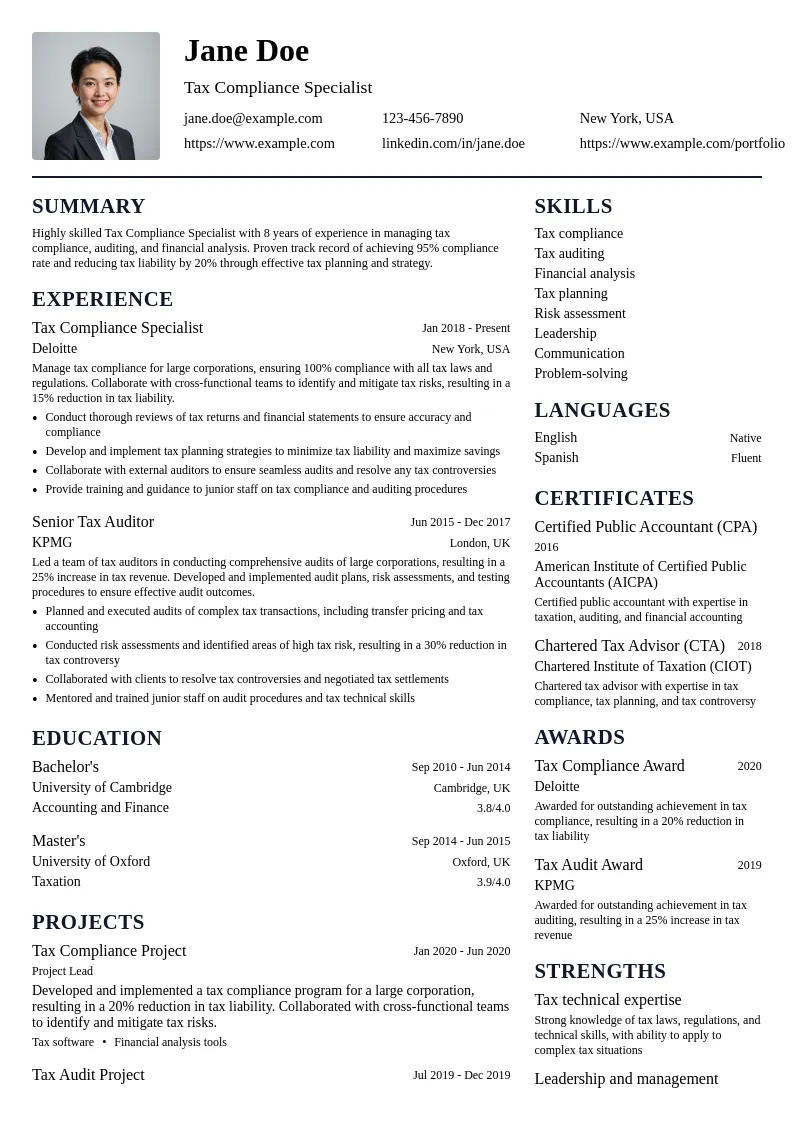 Tax Compliance Specialist resume example