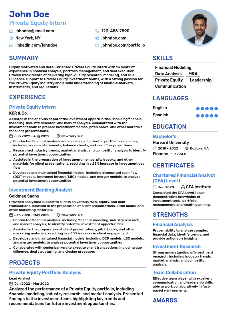 Private Equity Intern resume example