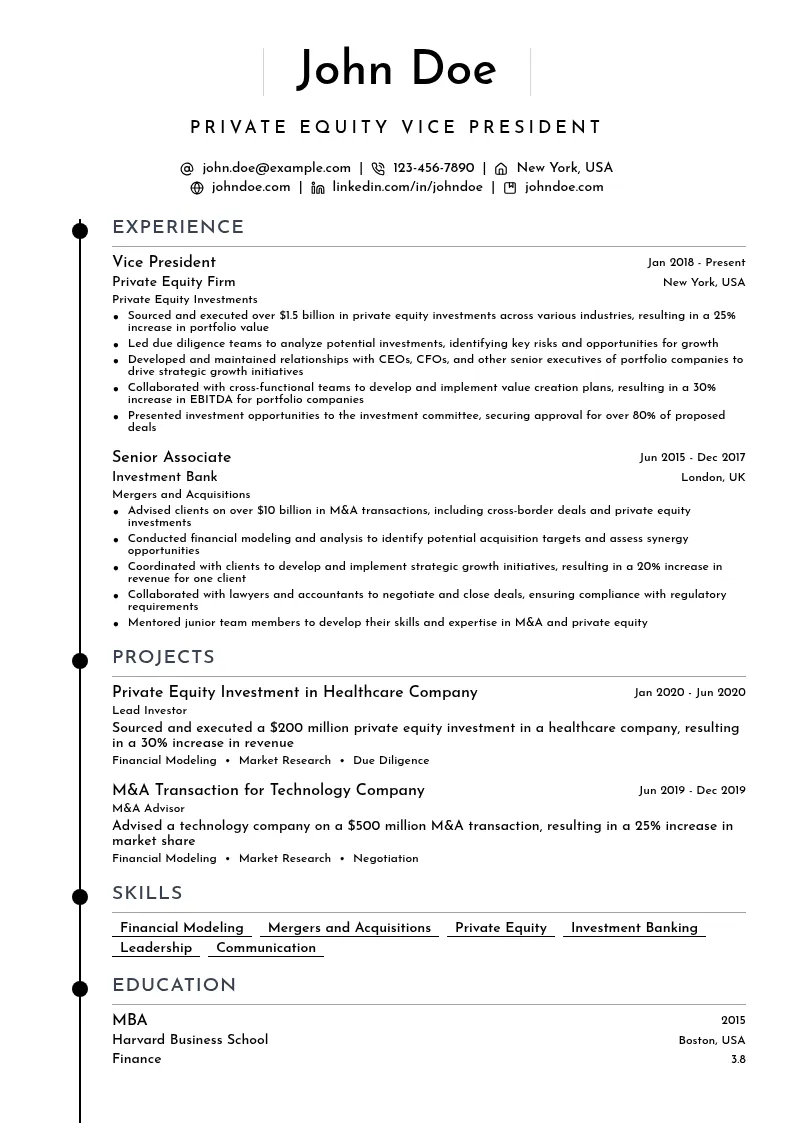 Private Equity Vice President resume example