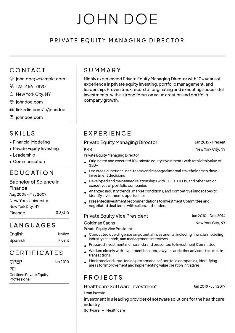 Private Equity Managing Director resume example