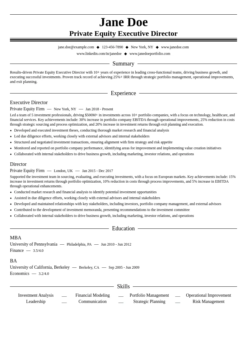 Private Equity Executive Director resume example