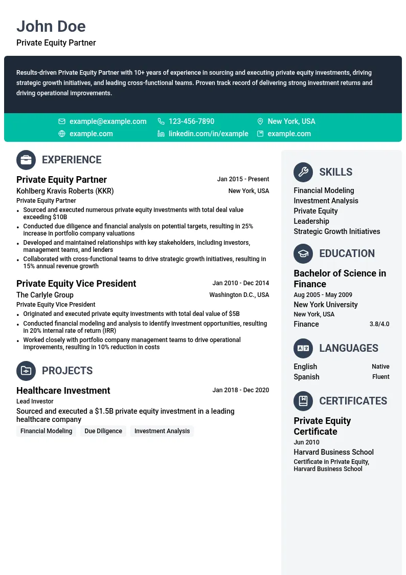 Private Equity Partner resume example