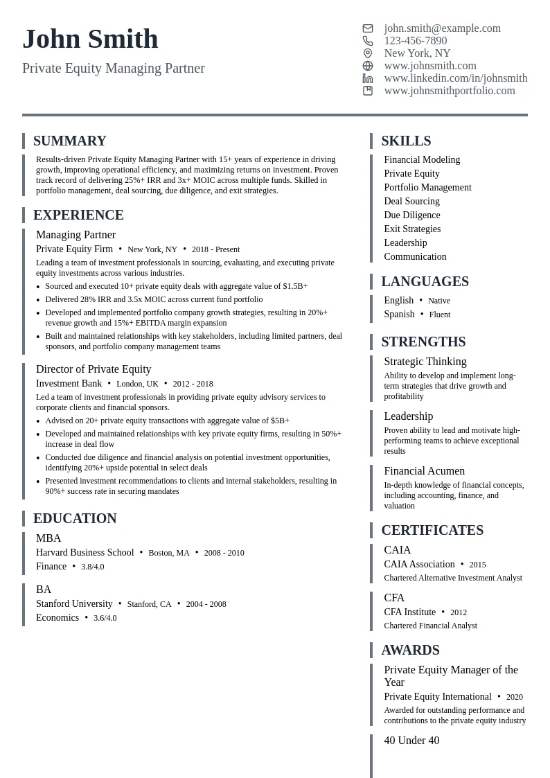 Private Equity Managing Partner resume example