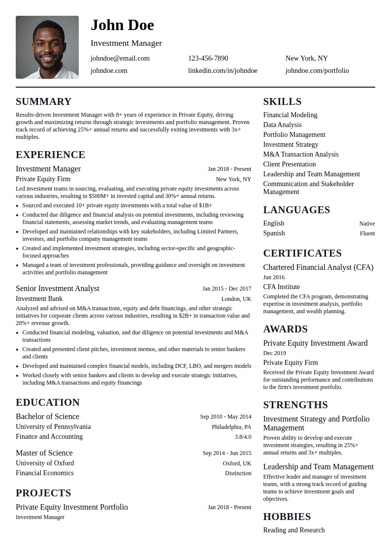 Investment Manager resume example