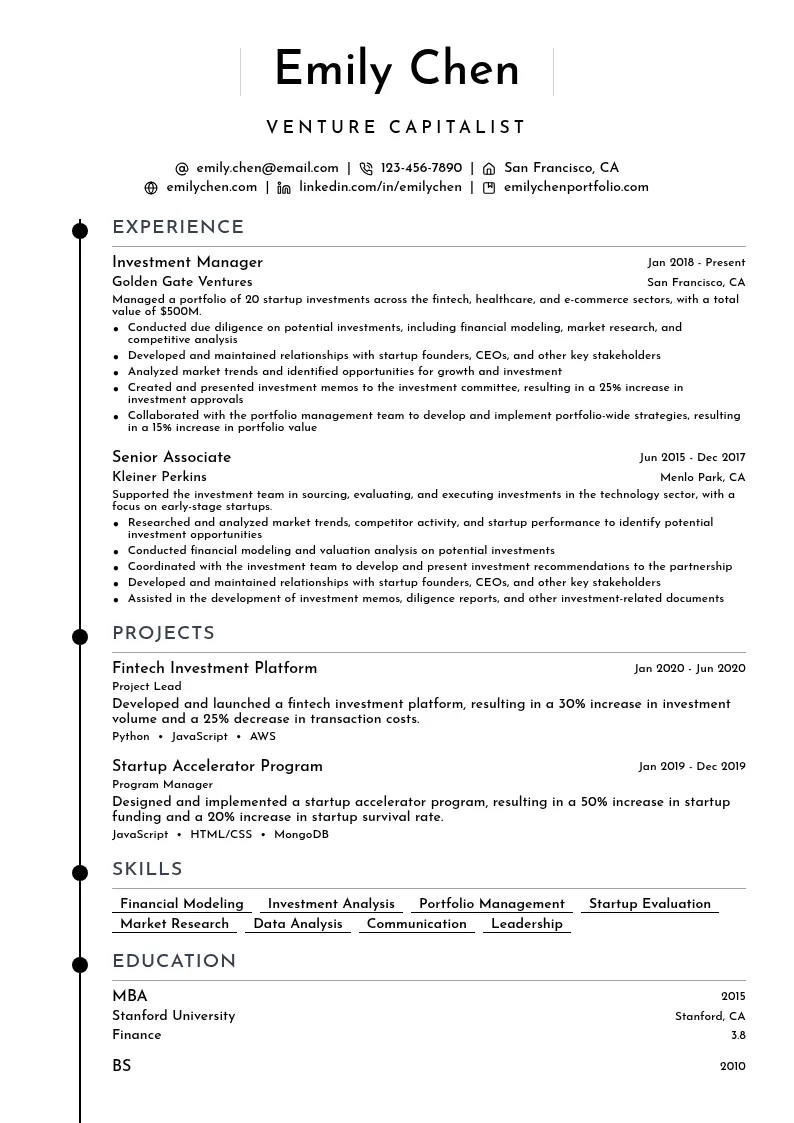 Venture Capitalist resume example