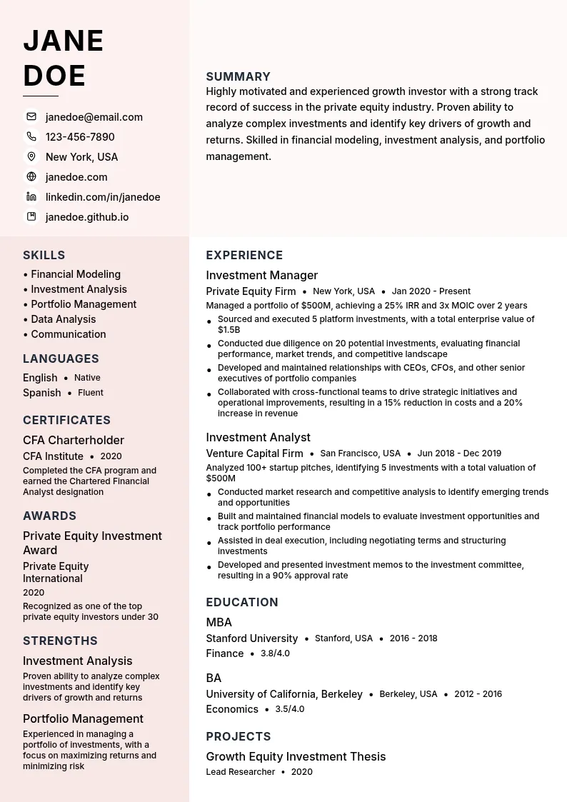 Growth Investor resume example