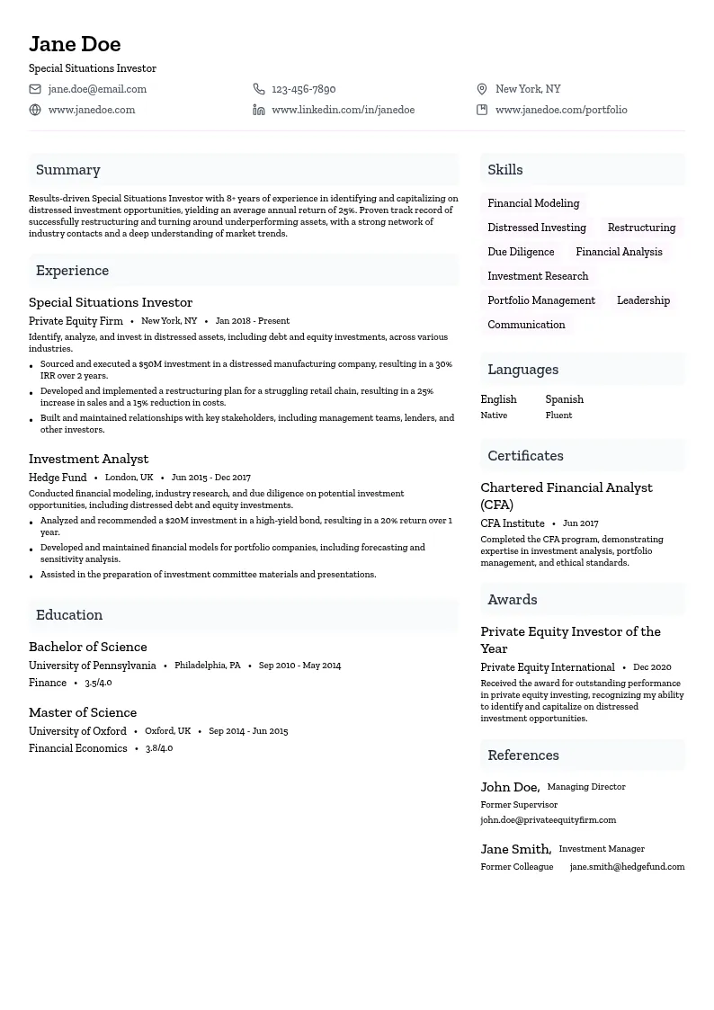 Special Situations Investor resume example