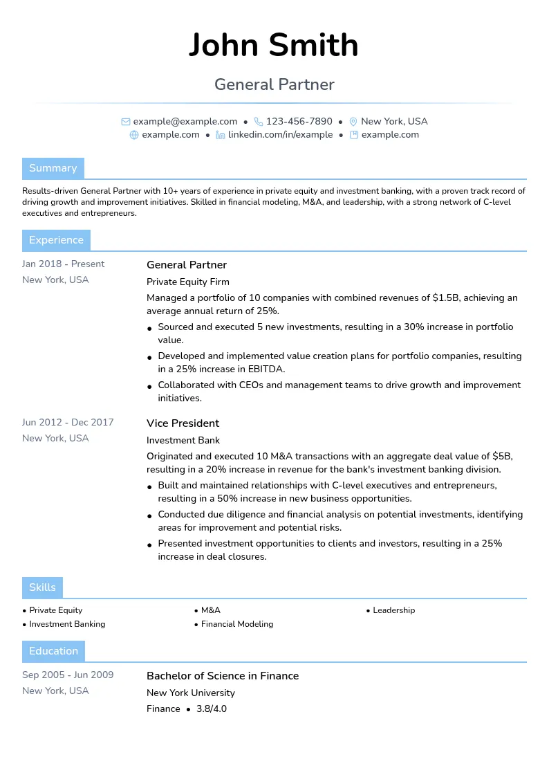 General Partner resume example