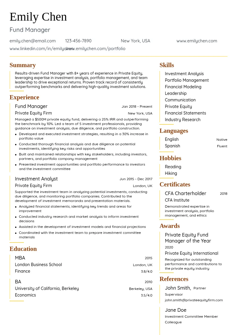 Fund Manager resume example