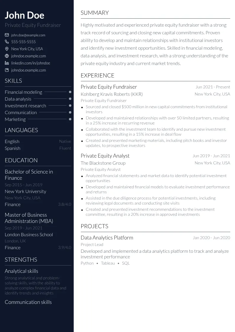 Private Equity Fundraiser resume example