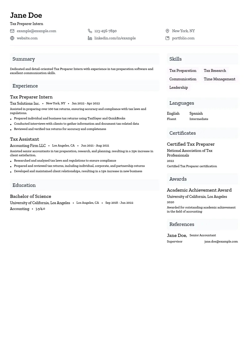 Tax Preparer Intern resume example