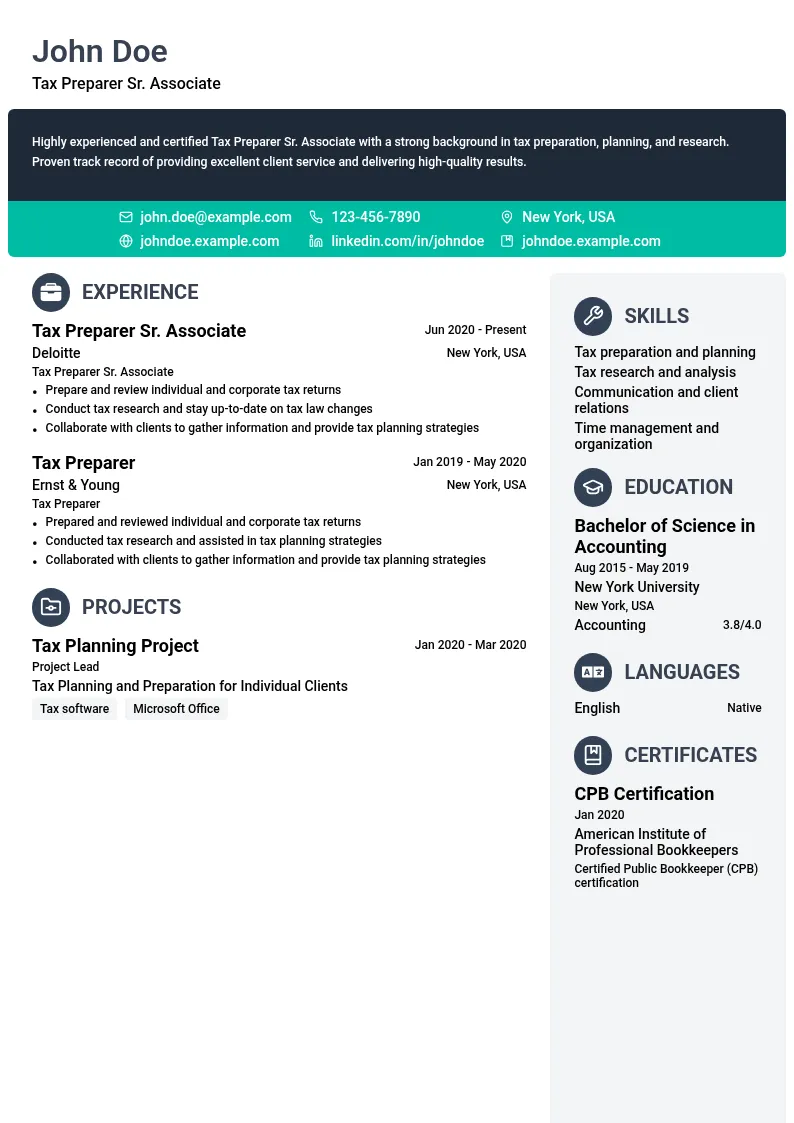 Tax Preparer Sr. Associate resume example