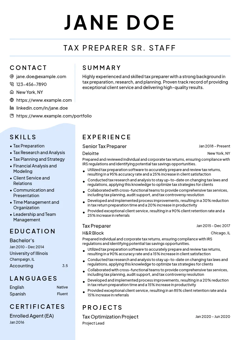 Tax Preparer Sr. Staff resume example