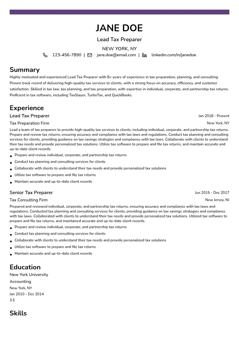 Lead Tax Preparer resume example