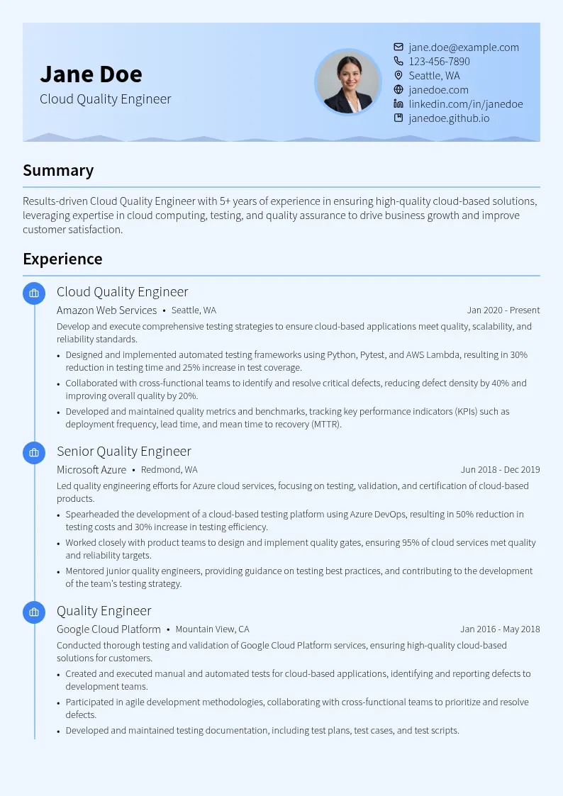 Cloud Quality Engineer resume example