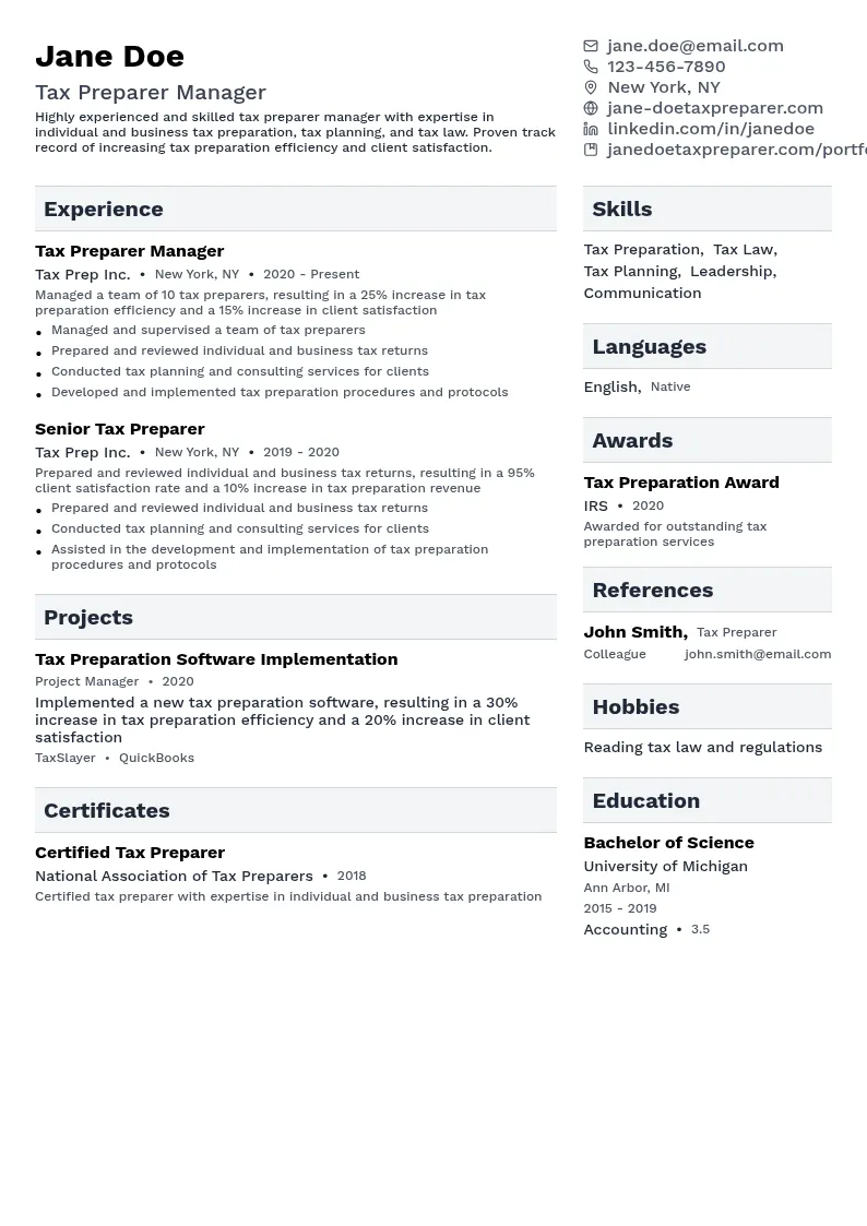 Tax Preparer Manager resume example