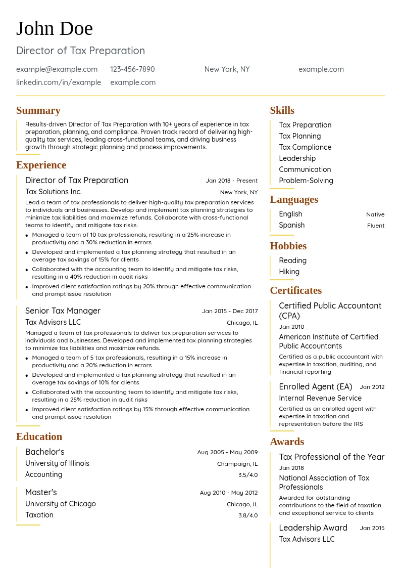 Director of Tax Preparation resume example