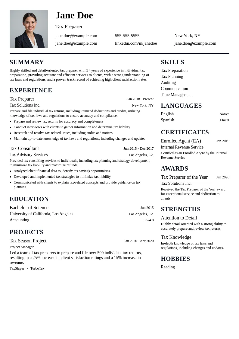 Individual Tax Preparation resume example