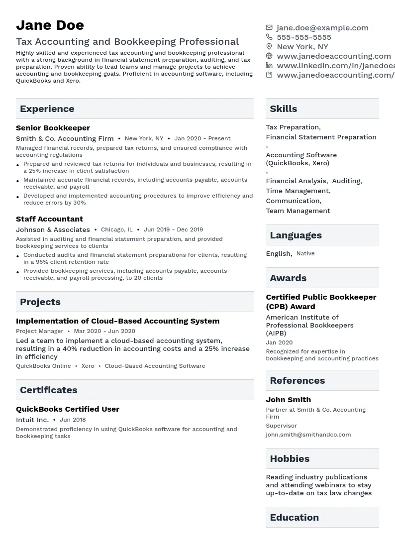Tax Accounting and Bookkeeping resume example