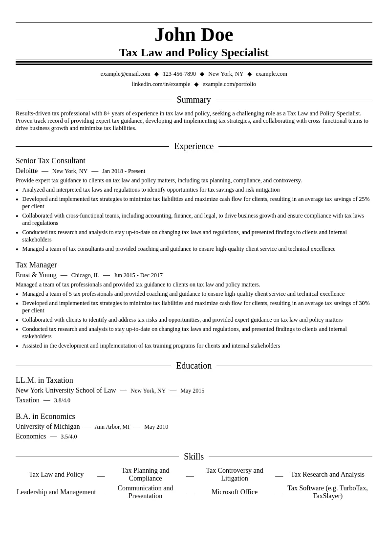 Tax Law and Policy resume example