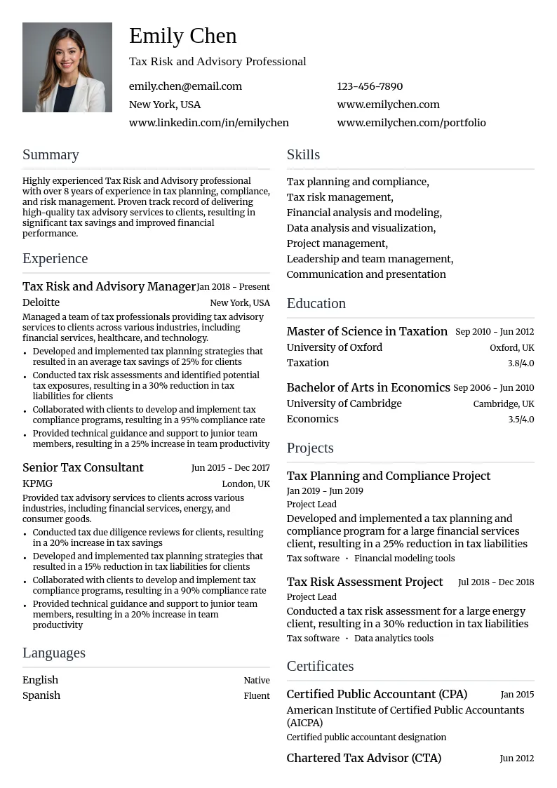 Tax Risk and Advisory resume example