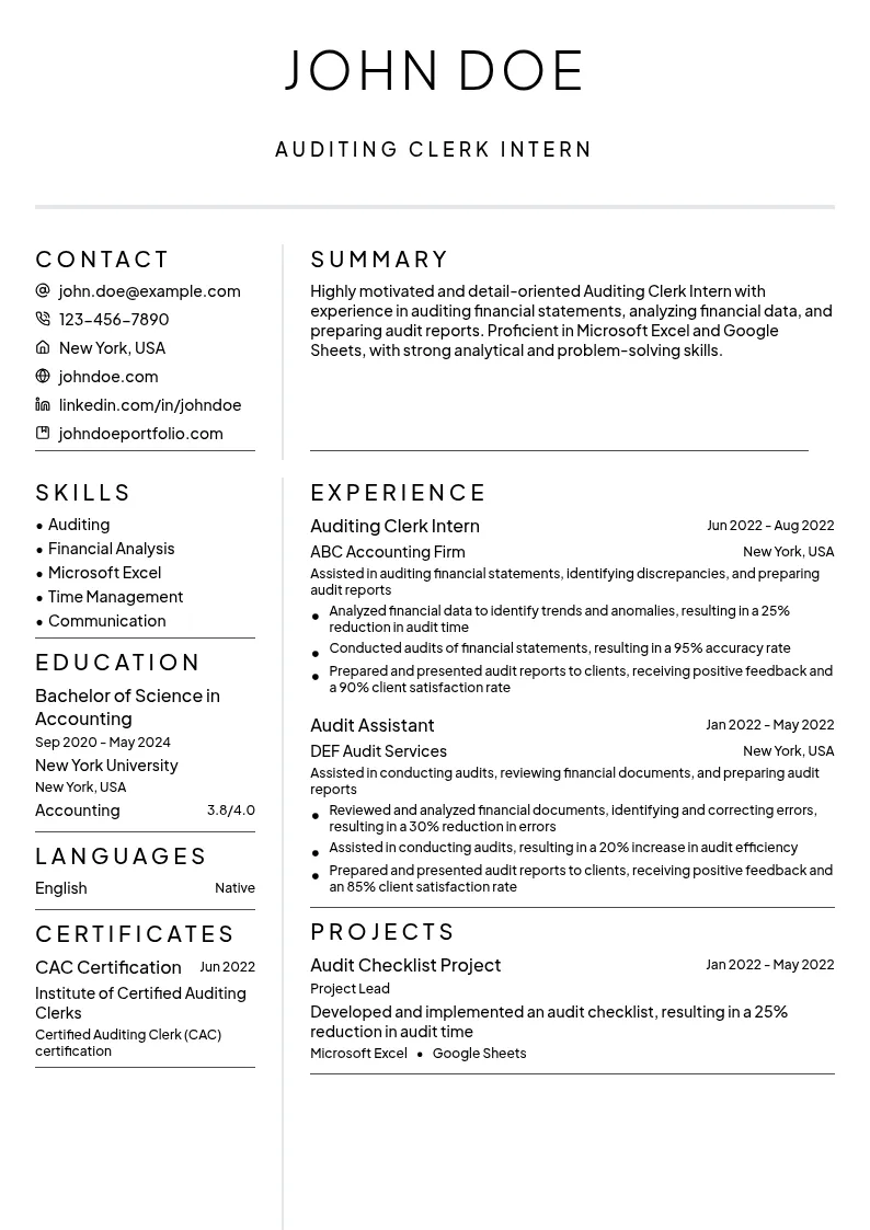 Auditing Clerk Intern resume example