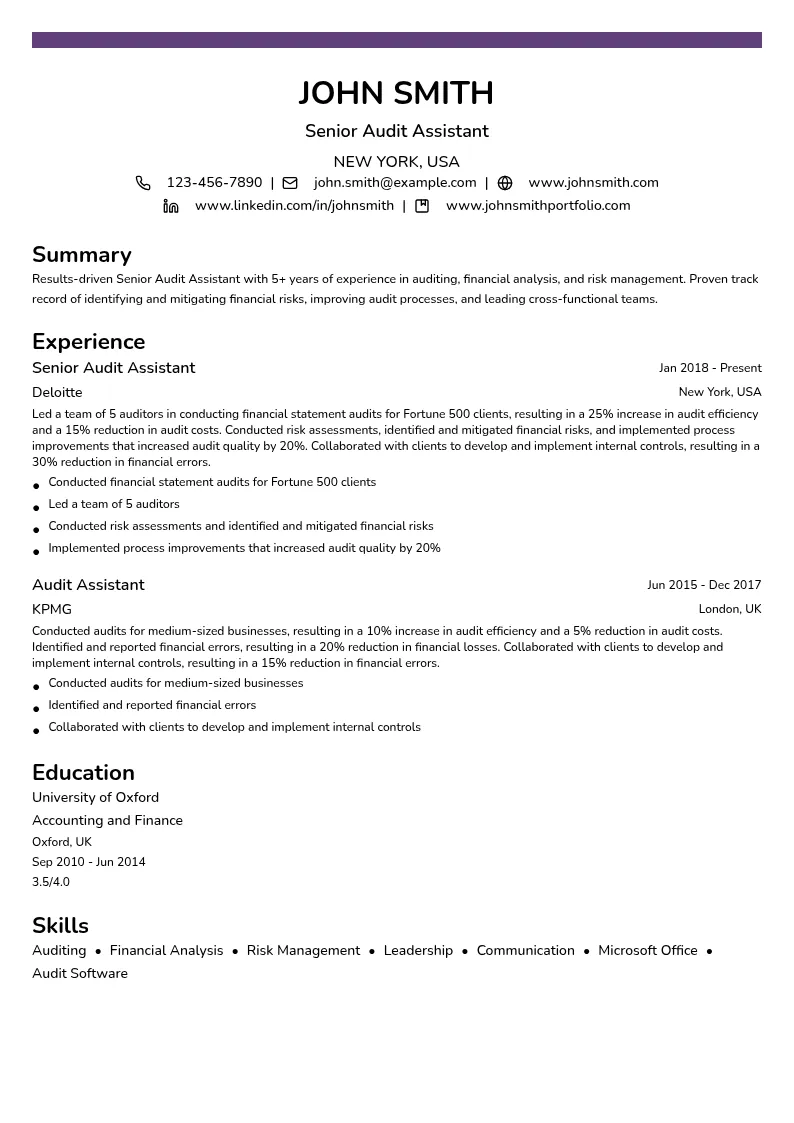Senior Audit Assistant resume example