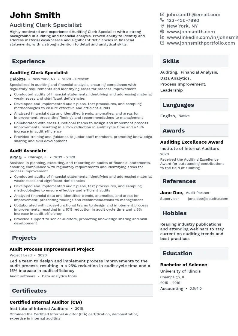 Auditing Clerk Specialist resume example