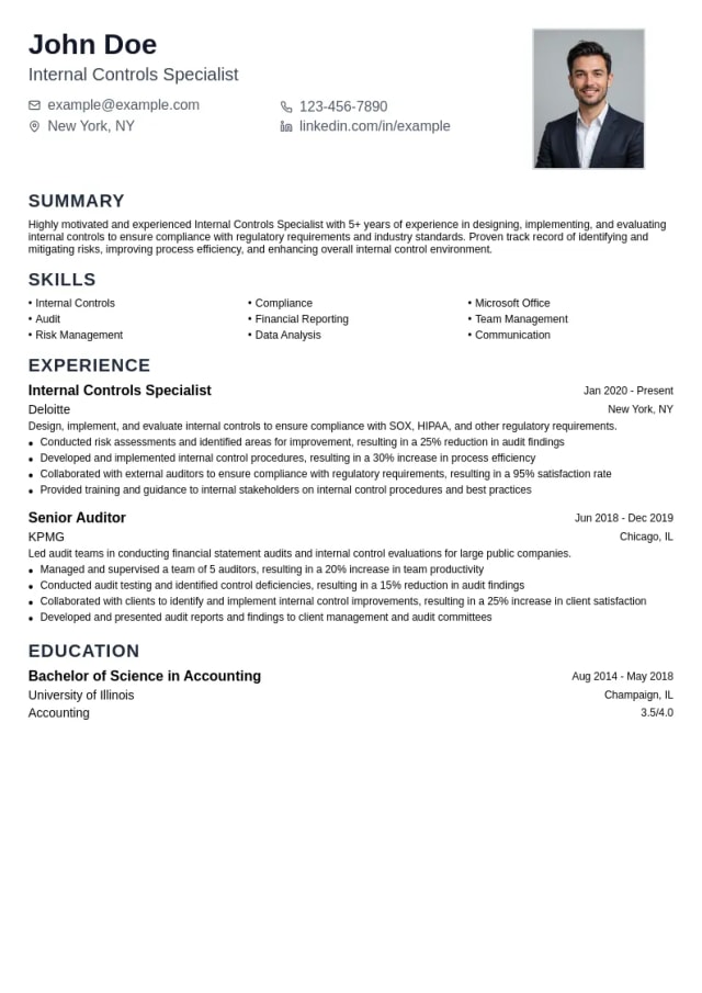 Internal Controls Specialist resume example