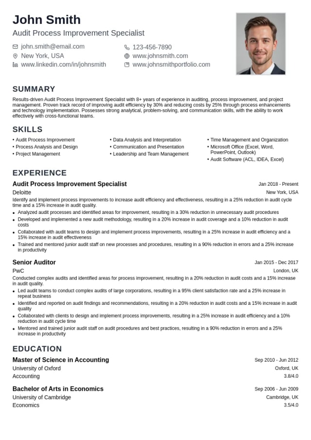 Audit Process Improvement Specialist resume example