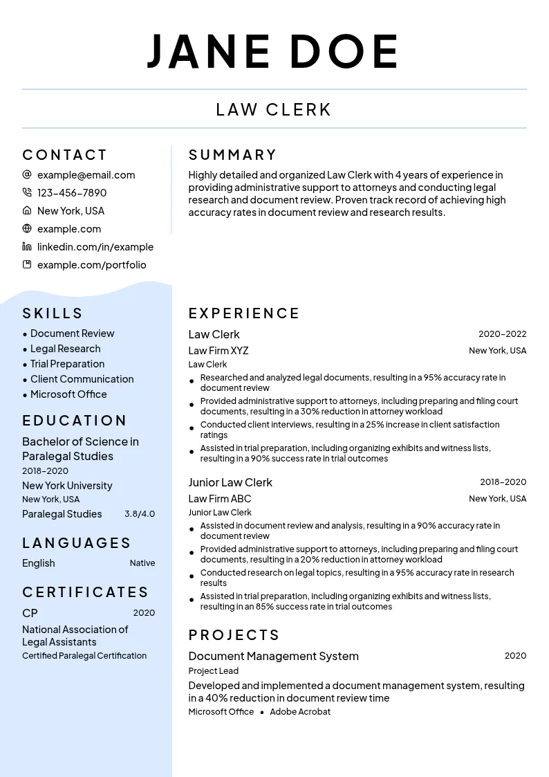 Law Clerk resume example