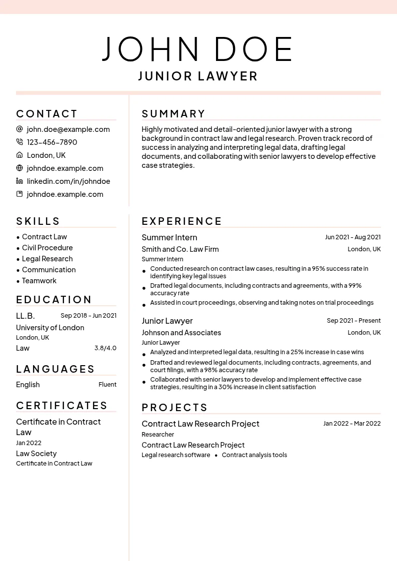 Junior Lawyer resume example
