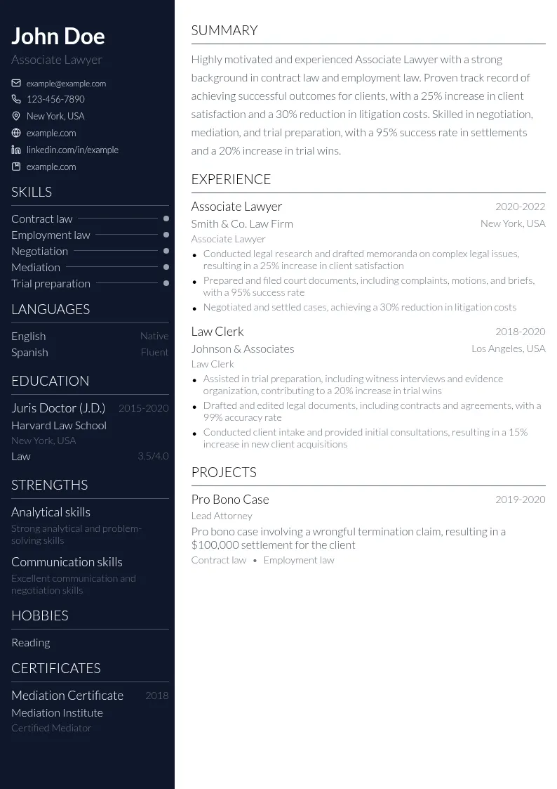 Associate Lawyer resume example