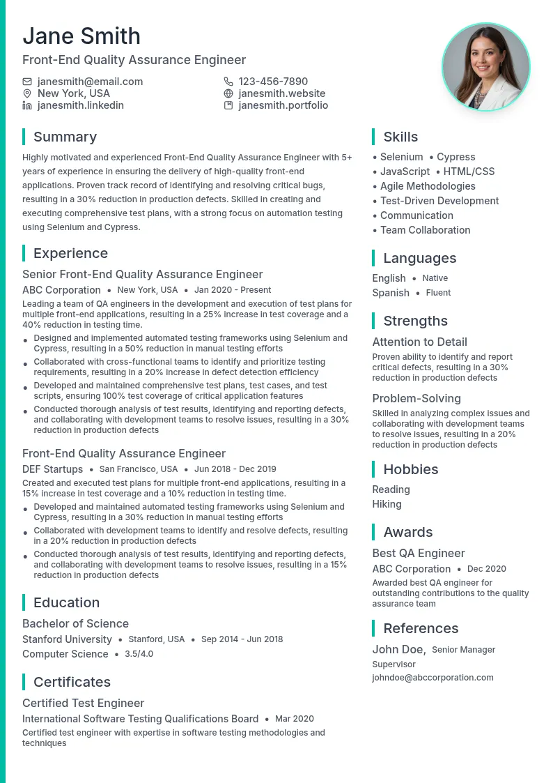 Front-End Quality Assurance Engineer resume example
