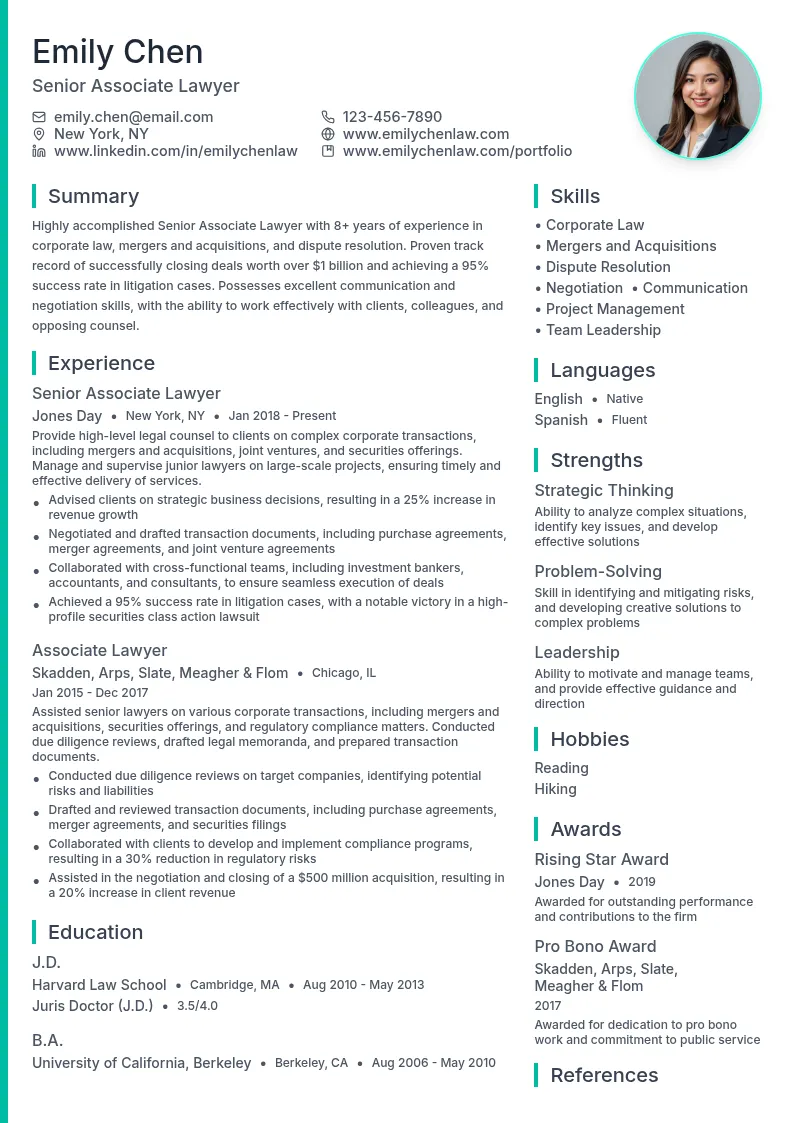 Senior Associate Lawyer resume example