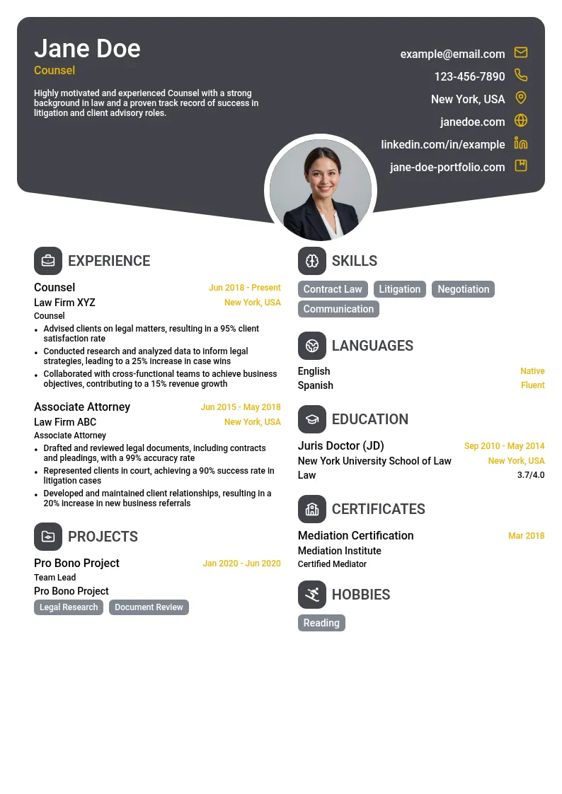 Counsel resume example