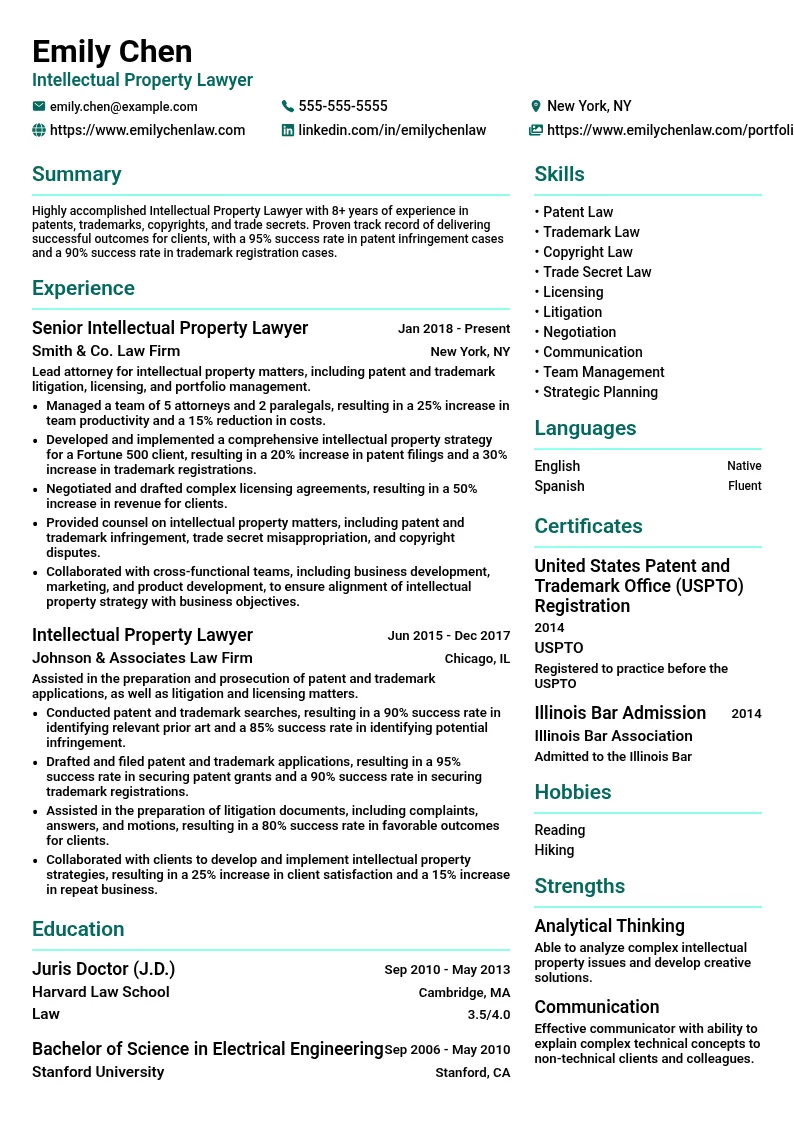 Intellectual Property Lawyer resume example