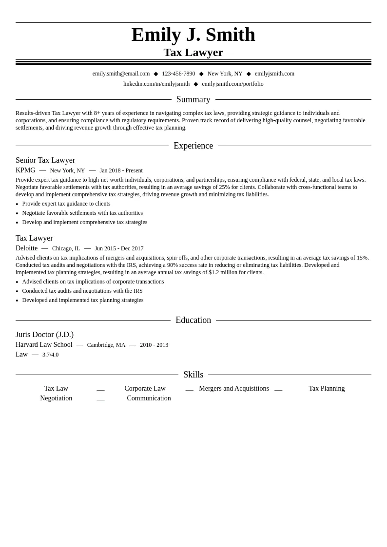Tax Lawyer resume example