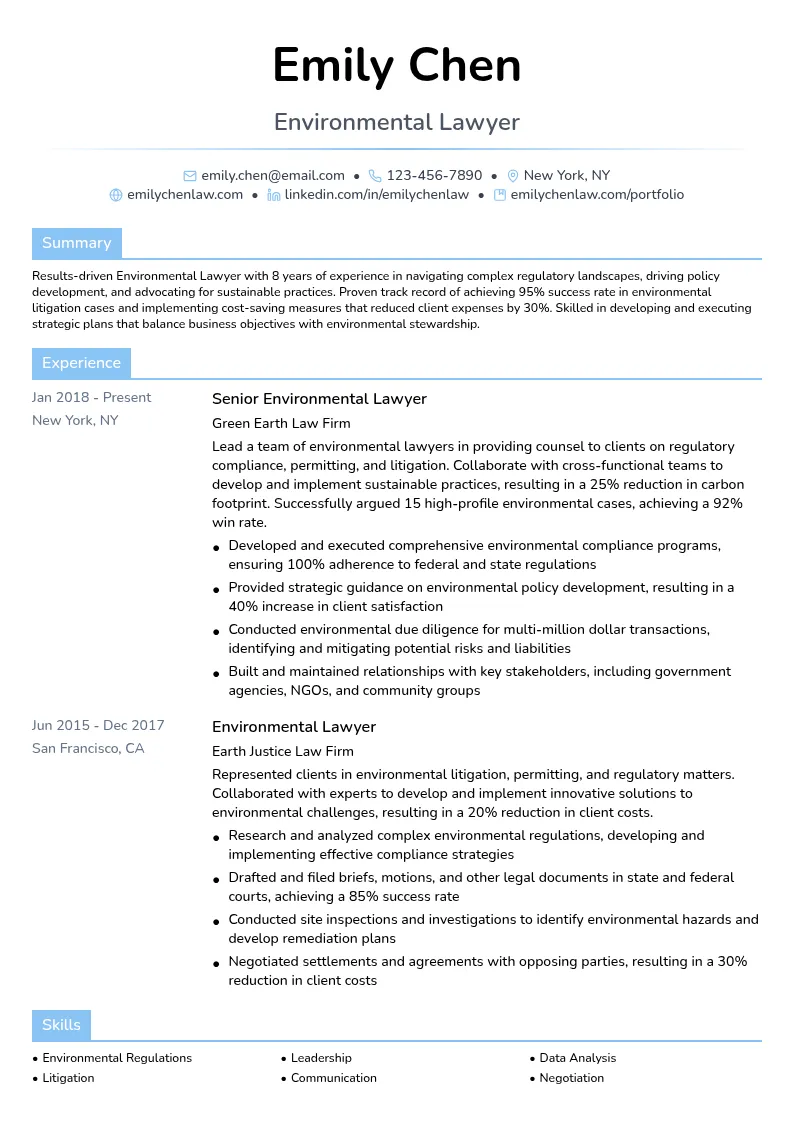 Environmental Lawyer resume example