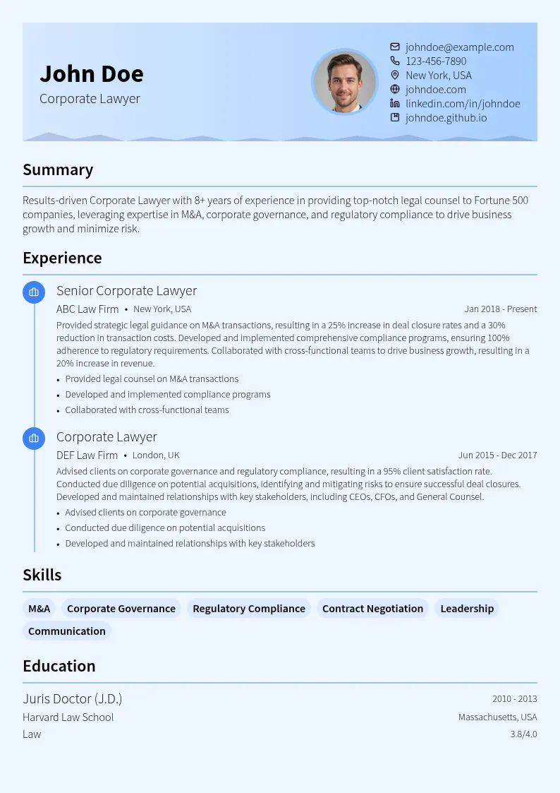 Corporate Lawyer resume example