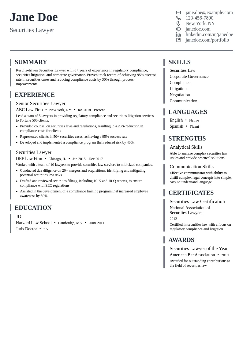 Securities Lawyer resume example