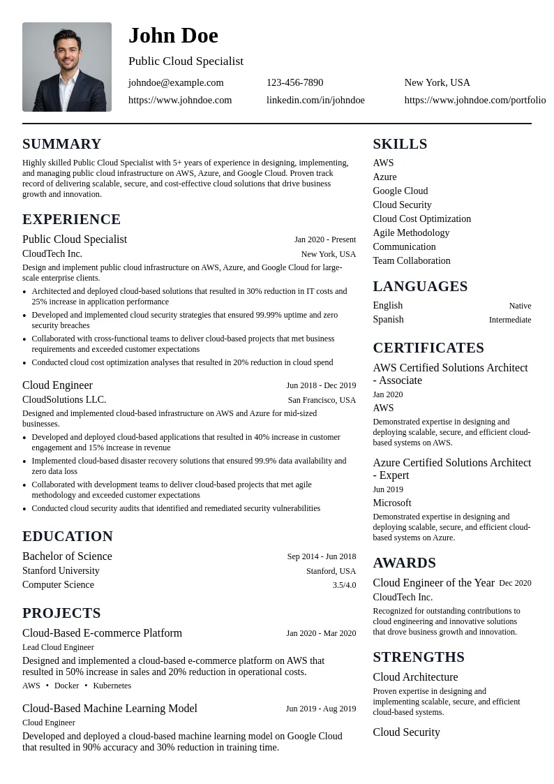 Public Cloud Specialist resume example
