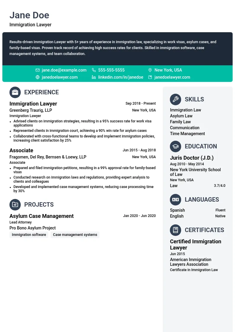 Immigration Lawyer resume example