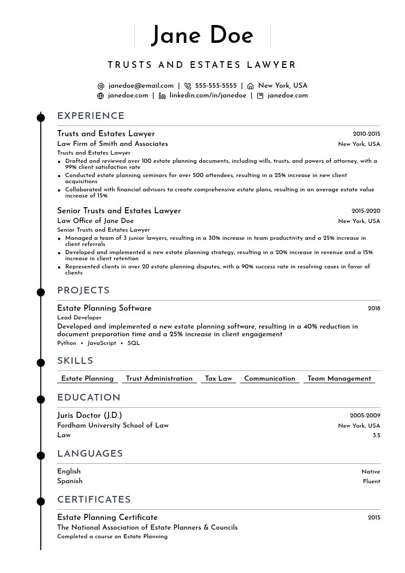 Trusts and Estates Lawyer resume example