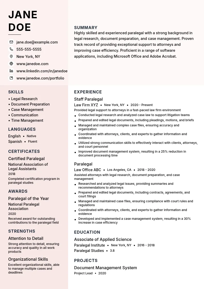 Staff Paralegal resume example